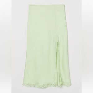 H&M Lime Green Satin Lace Slit Midi Skirt 🍋‍🟩